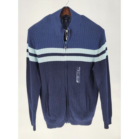 NWT Alfani Mens Blue Stripe Full-Zip Cardigan Sweater 2XL Preppy Modern Casual - Picture 2 of 10